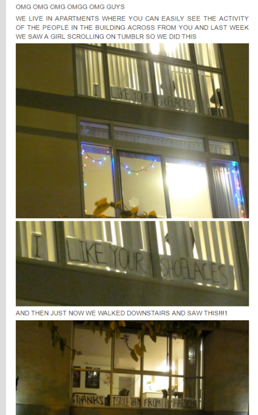 OMG OMG OMG OMGG OMG GUYS WE LIVE IN APARTMENTS WHERE YOU CAN EASILY SEE THE ACTIVITY OF THE PEOPLE IN THE BUILDING ACROSS FROM YOU AND LAST WEEK WE SAW A GIRL SCROLLING ON TUMBLR SO WE DID THIS LIKE YOUR SHOELACES LIKE YOUR SHOELACES AND THEN JUST NOW WE WALKED DOWNSTAIRS AND SAW THIS!!!1 THANKS ISTOLE THEN FROM PRESIDEN
