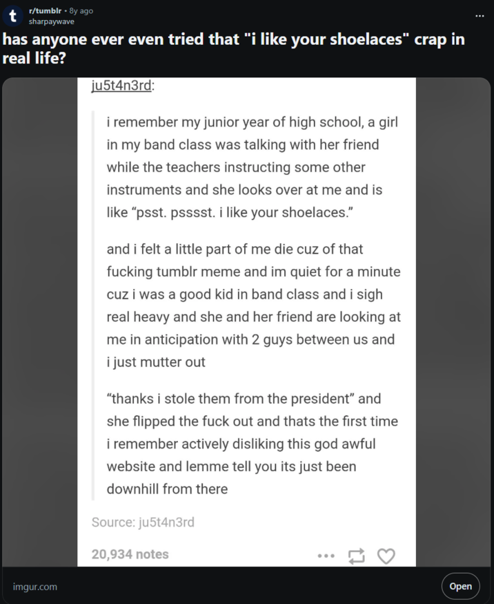 r/tumblr - 8y ago sharpaywave has anyone ever even tried that "i like your shoelaces" crap in real life? ju5t4n3rd: i remember my junior year of high school, a girl in my band class was talking with her friend while the teachers instructing some other instruments and she looks over at me and is like "psst. psssst. i like your shoelaces." and i felt a little part of me die cuz of that f------ tumblr meme and im quiet for a minute cuz i was a good kid in band class and i sigh real heavy and she and her friend are looking at me in anticipation with 2 guys between us and i just mutter out "thanks i stole them from the president" and she flipped the f--- out and thats the first time i remember actively disliking this god awful website and lemme tell you its just been downhill from there Source: ju5t4n3rd 20,934 notes 3 imgur.com Open