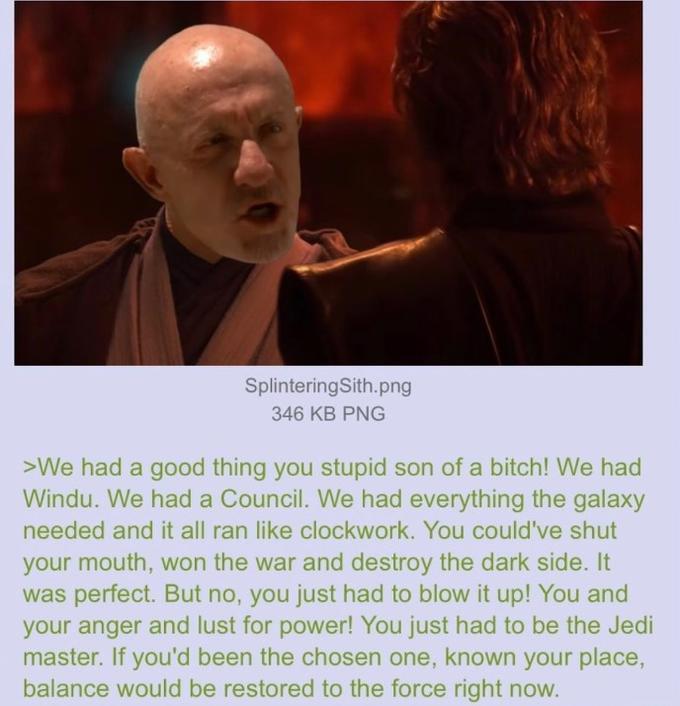SplinteringSith.png 346 KB PNG >We had a good thing you stupid son of a bitch! We had Windu. We had a Council. We had everything the galaxy needed and it all ran like clockwork. You could've shut your mouth, won the war and destroy the dark side. It was perfect. But no, you just had to blow it up! You and your anger and lust for power! You just had to be the Jedi master. If you'd been the chosen one, known your place, balance would be restored to the force right now.