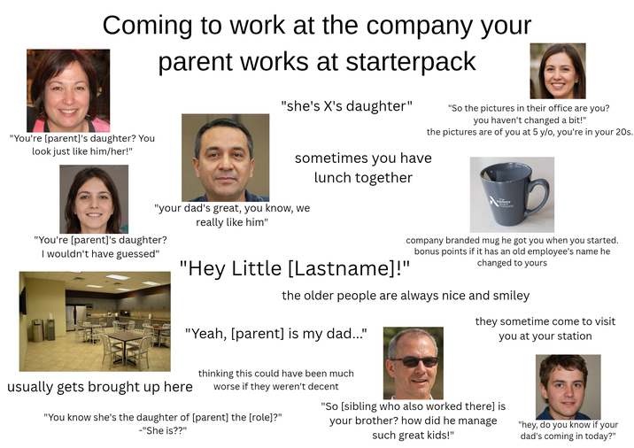 Coming to work at the company your parent works at starterpack "You're [parent]'s daughter? You look just like him/her!" "she's X's daughter" "So the pictures in their office are you? you haven't changed a bit!" the pictures are of you at 5 y/o, you're in your 20s. sometimes you have lunch together "your dad's great, you know, we really like him" "You're [parent]'s daughter? I wouldn't have guessed" The Advisory Company company branded mug he got you when you started. bonus points if it has an old employee's name he changed to yours "Hey Little [Lastname]!" the older people are always nice and smiley "Yeah, [parent] is my dad..." they sometime come to visit you at your station usually gets brought up here. thinking this could have been much worse if they weren't decent "You know she's the daughter of [parent] the [role]?" -"She is??" "So [sibling who also worked there] is your brother? how did he manage such great kids!" "hey, do you know if your dad's coming in today?"