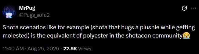 MrPug @Pugs_sofa2 Shota scenarios like for example (shota that hugs a plushie while getting molested) is the equivalent of polyester in the shotacon community++ 11:40 AM - Aug 25, 2026 - 22.5K Views
