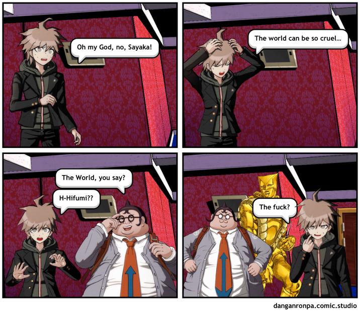 The world can be so cruel... Oh my God, no, Sayaka! The World, you say? H-Hifumi?? The f---? danganronpa.comic.studio