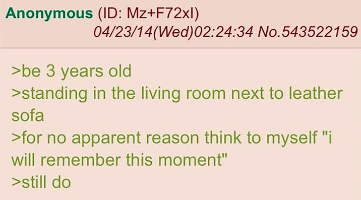Anonymous (ID: Mz+F72xl) 04/23/14(Wed)02:24:34 No.543522159 >be 3 years old >standing in the living room next to leather sofa >for no apparent reason think to myself "i will remember this moment" >still do