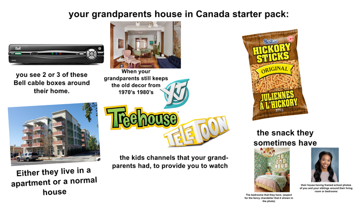 Bell your grandparents house in Canada starter pack: 14141 you see 2 or 3 of these Bell cable boxes around their home. When your grandparents still keeps the old decor from 1970's 1980's Hostess HICKORY STICKS ORIGINAL Either they live in a apartment or a normal house Teehouse TM TELE TOON the kids channels that your grand- parents had, to provide you to watch FLAVOURED POTATO STICKS JULIENNES DE POMMES DE TERRE ASSAISONNÉES JULIENNES A L'HICKORY 275g the snack they sometimes have The bedrooms that they have. (expect for the fancy chandelier that it shown in the photo) their house having framed school photos of you and your siblings around their living room or bedrooms