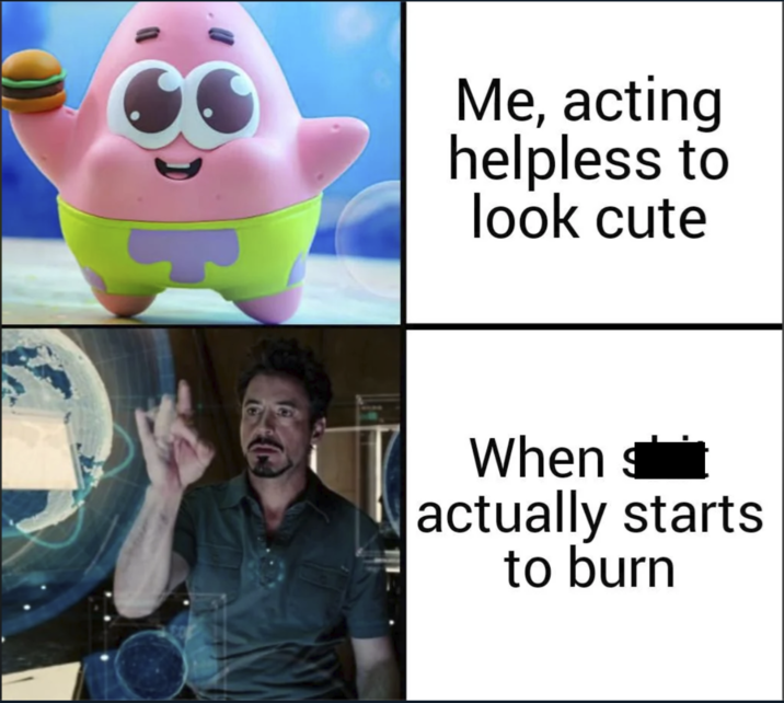Me, acting helpless to look cute When $ actually starts to burn