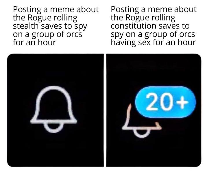 Posting a meme about the Rogue rolling stealth saves to spy on a group of orcs for an hour Posting a meme about the Rogue rolling constitution saves to spy on a group of orcs having sex for an hour 20+