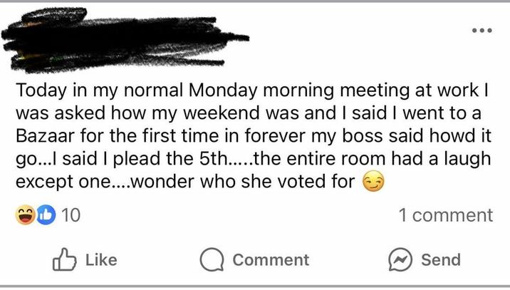 Today in my normal Monday morning meeting at work I was asked how my weekend was and I said I went to a Bazaar for the first time in forever my boss said howd it go...I said I plead the 5th.....the entire room had a laugh except one....wonder who she voted for 10 1 comment Like Comment Send
