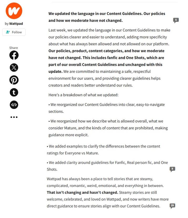 W by Wattpad + Follow Share ff t <I> We updated the language in our Content Guidelines. Our policies and how we moderate have not changed. Last week, we updated the language in our Content Guidelines to make our policies clearer and easier to understand, adding more specificity about what has always been allowed and not allowed on our platform. Our policies, product, content categories, and how we moderate have not changed. This includes fanfic and One Shots, which are part of our overall Content Guidelines and unchanged with this update. We are committed to maintaining a safe, respectful environment for our users, and providing clearer guidelines helps creators and readers better understand our rules. Here's a breakdown of what we updated: • We reorganized our Content Guidelines into clear, easy-to-navigate sections. • We reorganized how we describe what is allowed overall, what we consider Mature, and the kinds of content that are prohibited, making guidance more explicit. •We added examples to clarify the differences between the content ratings for Everyone vs Mature. •We added clarity around guidelines for Fanfic, Real person fic, and One Shots. Wattpad has always been a place to tell stories that are steamy, complicated, romantic, weird, emotional, and everything in between. That isn't changing and hasn't changed. Steamy stories are still welcome, celebrated, and loved on Wattpad, and now writers have more direct guidance to ensure stories align with our Content Guidelines. 29 5
