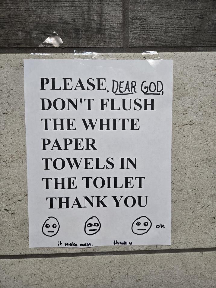PLEASE, DEAR GOD DON'T FLUSH THE WHITE PAPER TOWELS IN THE TOILET THANK YOU thank u it make mess. ok
