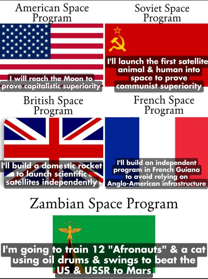 American Space Program I will reach the Moon to prove capitalistic superiority- British Space Program 2 Soviet Space Program I'll launch the first satellite animal & human into space to prove communist superiority French Space Program I'll build a domestic rocket to launch scientific satellites independently I'll build an independent program in French Guiana to avoid relying on Anglo-American infrastructure Zambian Space Program I'm going to train 12 "Afronauts" & a cat using oil drums & swings to beat the US & USSR to Mars