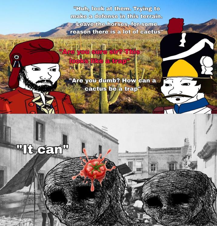 "Huh, look at them. Trying to make a defense in this terrain. Leave the horses, for some reason there is a lot of cactus" "Are you sure sir? This looks like a trap" "Are you dumb? How can a cactus be a trap" "It can 10 CAT KOUE A