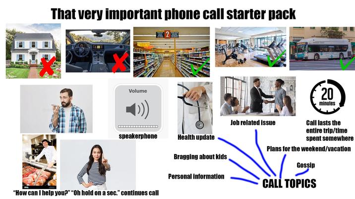 alamy That very important phone call starter pack 2 Volume PASADENA TRANSIT 20 minutes Call lasts the entire trip/time spent somewhere Plans for the weekend/vacation Job related issue speakerphone Health update Bragging about kids Personal information "How can I help you?" "Oh hold on a sec." continues call Gossip CALL TOPICS