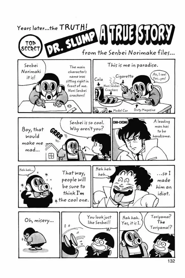 Years later...the TRUTH! TOP SECRET DR. SLUMP A TRUE STORY from the Senbei Norimake files... Senbei Norimaki it is! The main character's name was This is me in paradise. C-------- Cola sitting right in front of me. Nori Senbei + Nori Senbei Crackers Ah, I see! Yes...yes! crackers! Boy, that would make me mad... Heh heh... GRRR 田 Senbei is so cool. Why aren't you? That way, people will be sure to Heh heh heh... Model Car Dirty Magazine CHA-CHING A leading man has to be handsome. ...so I made him an idiot. think I'm * the cool one. Oh, misery... You look just like Senbei!! Hah hah. Toriyama? Yes, it is I. The 02 Toriyama!? 132