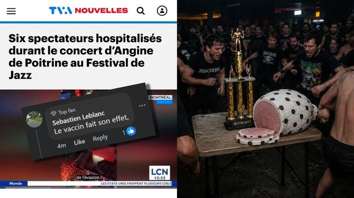 III = TV NOUVELLES Q② Six spectateurs hospitalisés durant le concert d'Angine de Poitrine au Festival de Jazz Top fan Sebastien Leblanc Le vaccin fait son effet, 4m Like Reply 1b de l'évasion. Monde MONTREAL LCN 12:22 LES ÉTATS-UNIS FRAPPENT PLUSIEURS CIBLE HAMTAME BEST MOSPIT WAS