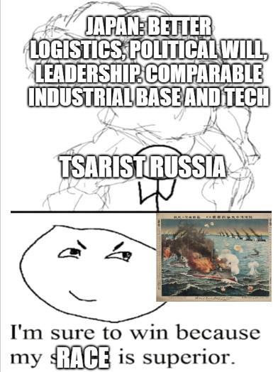 JAPAN: BETTER LOGISTICS, POLITICAL WILL LEADERSHIP COMPARABLE INDUSTRIAL BASE AND TECH TSARIST RUSSIA I'm sure to win because my RACE is superior.