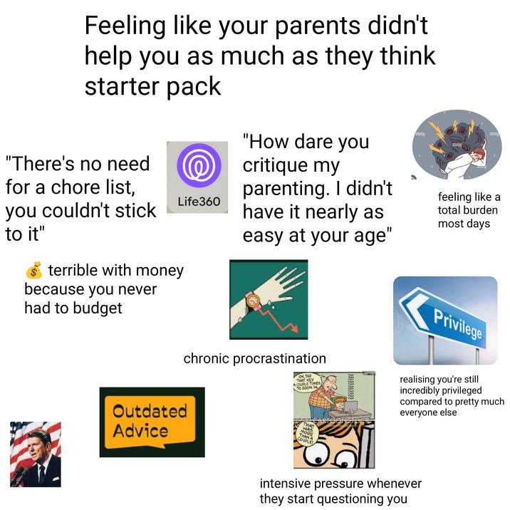 Feeling like your parents didn't help you as much as they think starter pack "There's no need for a chore list, you couldn't stick to it" Life360 terrible with money because you never had to budget "How dare you critique my parenting. I didn't have it nearly as easy at your age" alamy alamy alamy feeling like a total burden most days Privilege OK, TAP THAT KEY TAP A COUPLE TIMES TO ZOOM IN TAP realising you're still chronic procrastination Outdated Advice THAT WAS MORE THAN A COUPLE! incredibly privileged compared to pretty much everyone else intensive pressure whenever they start questioning you