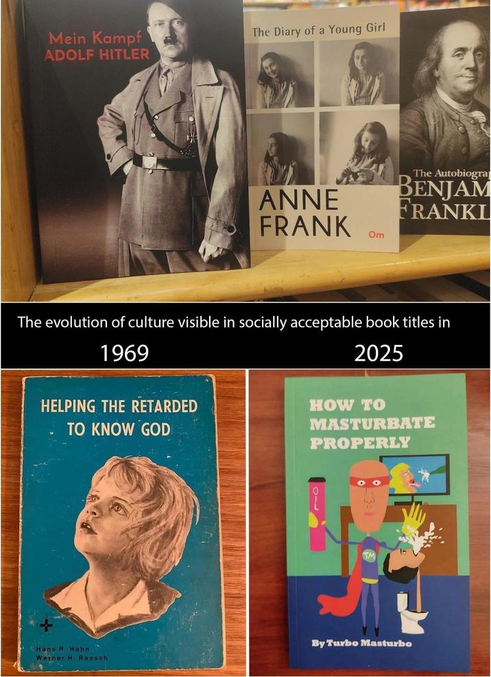 Mein Kampf ADOLF HITLER The Diary of a Young Girl ANNE FRANK Om The Autobiogra BENJAM FRANKL The evolution of culture visible in socially acceptable book titles in 1969 2025 HELPING THE RETARDED TO KNOW GOD HOW TO MASTURBATE PROPERLY TM Hans R. Hahn Werner H. Raasch By Turbo Masturbo