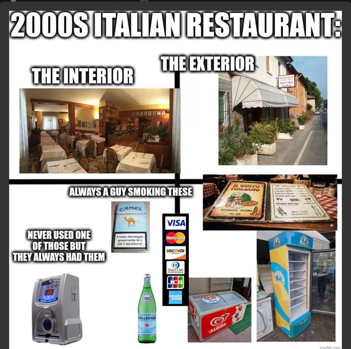 2000S ITALIAN RESTAURANT: THE EXTERIOR THE INTERIOR ALWAYS A GUY SMOKING THESE NEVER USED ONE OF THOSE BUT THEY ALWAYS HAD THEM CAMEL Il fumo danneggia gravemente te e chi ti sta intorno VISA Master Card DISCOVER нетмоих DELLEGRIN PELLEGR Diners Club INTERNATIONAL AMERICAN EXPRESS Nad ALGIDA L GUSTO ITALIANO RISTORANTE PIZZERIA DAL 1988 PIZZERIA TRATTORIA Aparte della Cas imgflip.com
