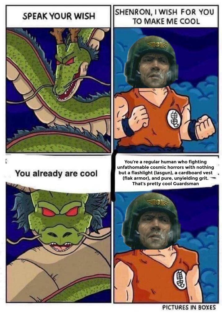 SPEAK YOUR WISH SHENRON, I WISH FOR YOU TO MAKE ME COOL D You already are cool You're a regular human who fighting unfathomable cosmic horrors with nothing but a flashlight (lasgun), a cardboard vest (flak armor), and pure, unyielding grit. That's pretty cool Guardsman DA PICTURES IN BOXES