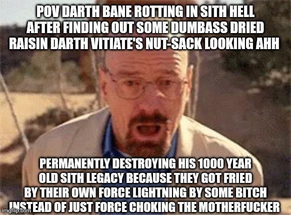 POV DARTH BANE ROTTING IN SITH HELL AFTER FINDING OUT SOME DUMBASS DRIED RAISIN DARTH VITIATE'S NUT-SACK LOOKING AHH PERMANENTLY DESTROYING HIS 1000 YEAR OLD SITH LEGACY BECAUSE THEY GOT FRIED BY THEIR OWN FORCE LIGHTNING BY SOME BITCH INSTEAD OF JUST FORCE CHOKING THE M----------- imgflip.com