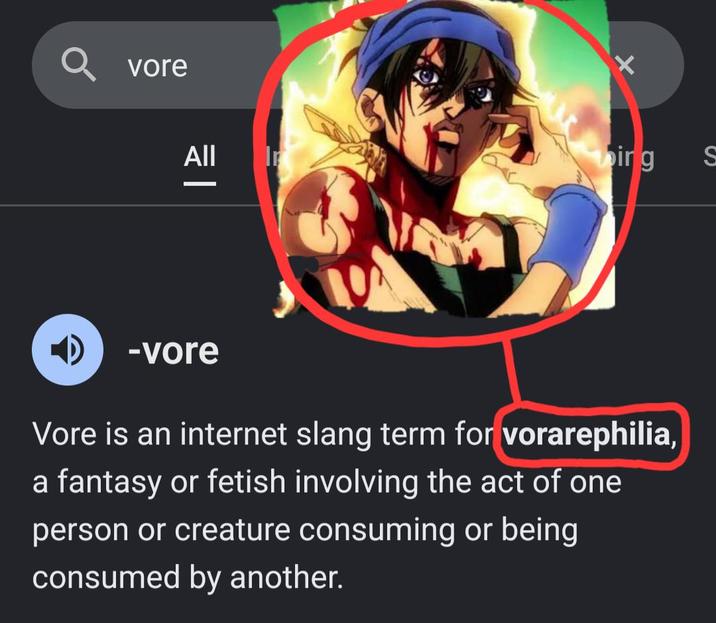 vore t All ing S -vore Vore is an internet slang term for vorarephilia, a fantasy or fetish involving the act of one person or creature consuming or being consumed by another.