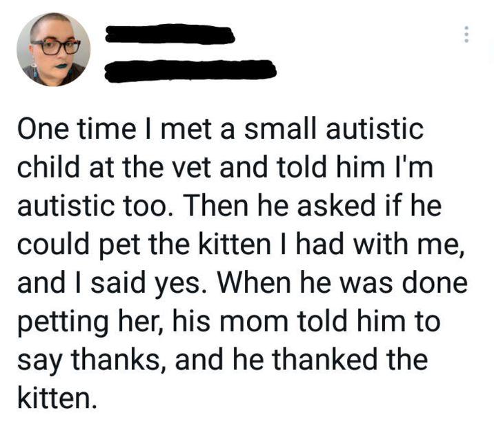 One time I met a small autistic child at the vet and told him I'm autistic too. Then he asked if he could pet the kitten I had with me, and I said yes. When he was done petting her, his mom told him to say thanks, and he thanked the kitten.
