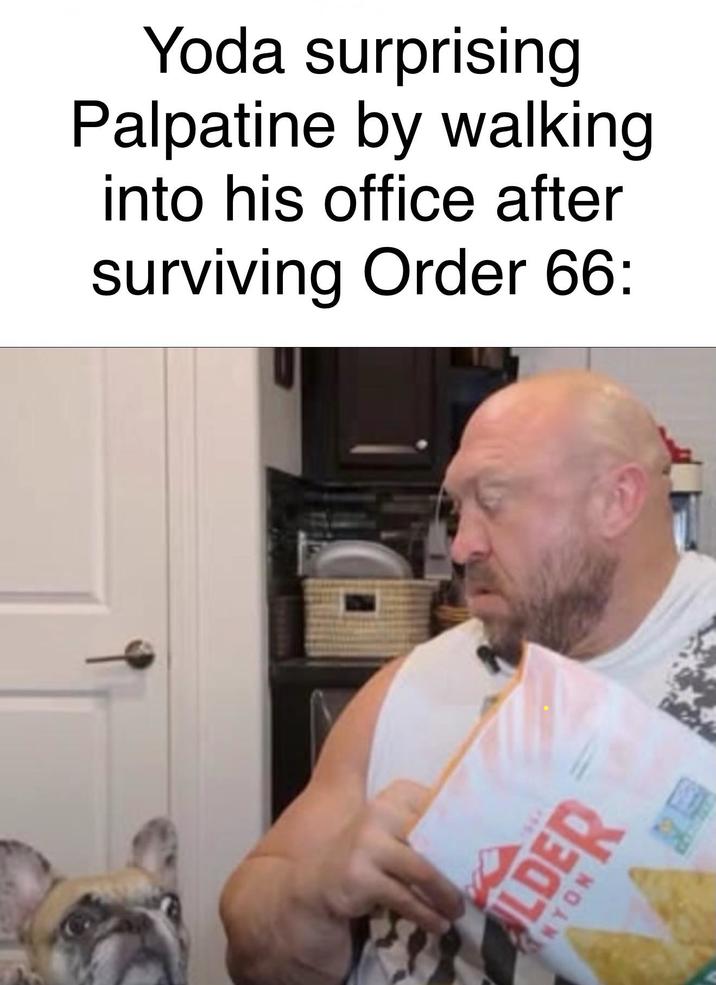 Yoda surprising Palpatine by walking into his office after surviving Order 66: LDER