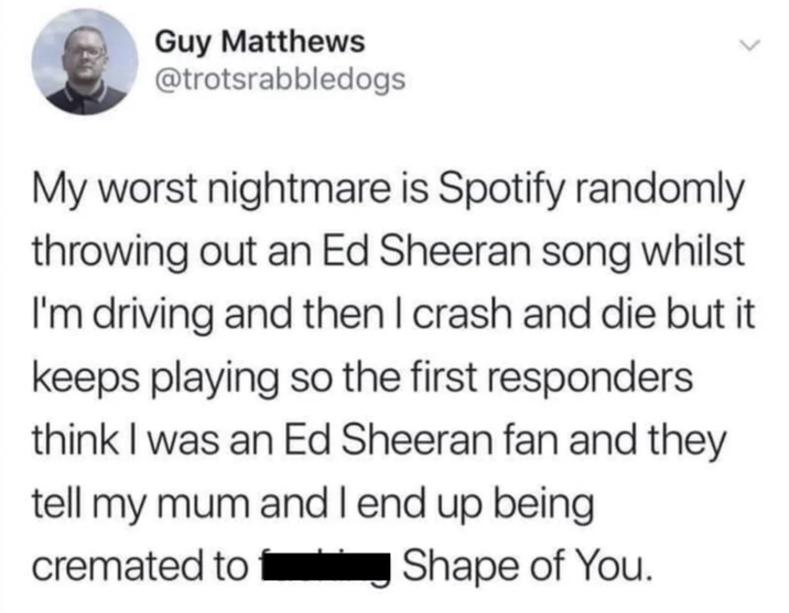 Guy Matthews @trotsrabbledogs My worst nightmare is Spotify randomly throwing out an Ed Sheeran song whilst I'm driving and then I crash and die but it keeps playing so the first responders think I was an Ed Sheeran fan and they tell my mum and I end up being cremated to Shape of You.