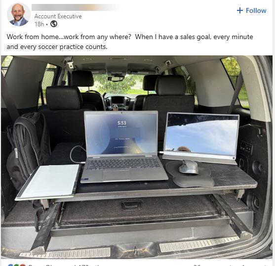 + Follow Account Executive 18h. Work from home...work from any where? When I have a sales goal, every minute and every soccer practice counts. 5:53