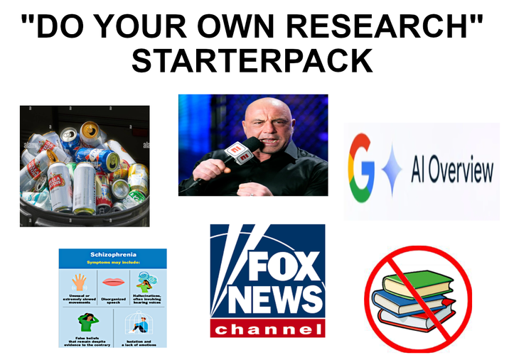 "DO YOUR OWN RESEARCH" STARTERPACK alamu TOIS 8 Schizophrenia Symptoms may include: Unusual or extremely slowed movements False beliefs Disorganized speech that remain despite evidence to the contrary ala Hallucinations, often involving hearing voices Isolation and a lack of emotions V/FOX NEWS channel GAL Al Overview