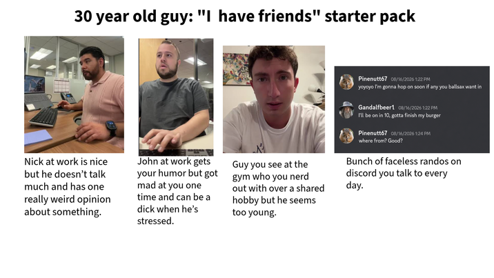 30 year old guy: "I have friends" starter pack Pinenutt67 08/16/2026 1:22 PM yoyoyo I'm gonna hop on soon if any you ballsax want in Gandalfbeer1 08/16/2026 1:22 PM I'll be on in 10, gotta finish my burger Pinenutt67 08/16/2026 1:24 PM where from? Good? Nick at work is nice but he doesn't talk much and has one really weird opinion about something. John at work gets your humor but got mad at you one time and can be a d--- when he's stressed. Guy you see at the gym who you nerd out with over a shared hobby but he seems too young. Bunch of faceless randos on discord you talk to every day.