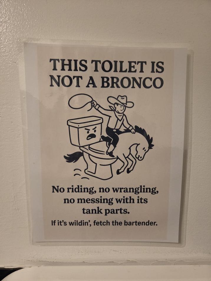 THIS TOILET IS NOT A BRONCO No riding, no wrangling, no messing with its tank parts. If it's wildin', fetch the bartender.