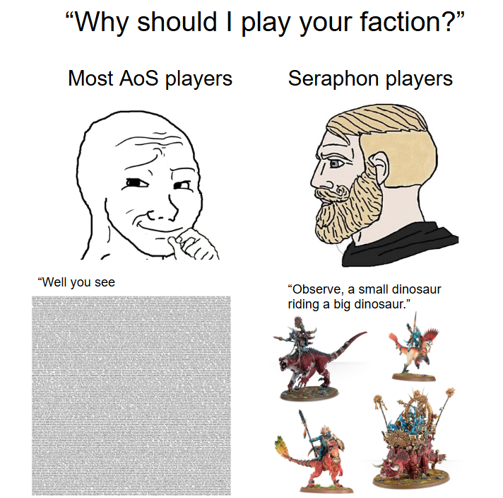 "Why should I play your faction?" Most AoS players Seraphon players "Well you see "Observe, a small dinosaur riding a big dinosaur."
