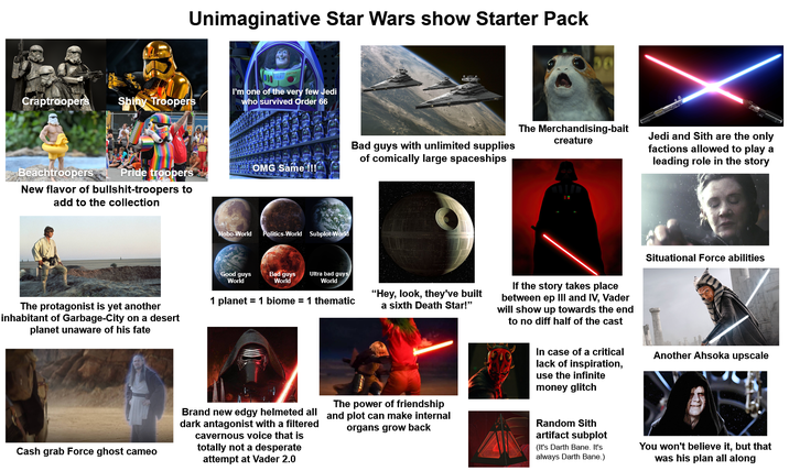 Unimaginative Star Wars show Starter Pack I'm one of the very few Jedi Craptroopers Shiny Troopers who survived Order 66 Beachtroopers Pride troopers New flavor of b--------troopers to add to the collection The protagonist is yet another inhabitant of Garbage-City on a desert planet unaware of his fate The Merchandising-bait creature Bad guys with unlimited supplies of comically large spaceships Jedi and Sith are the only factions allowed to play a leading role in the story OMG Same !!! Hobo-World Politics-World Subplot-World Good guys World Bad guys World Ultra bad guys World 1 planet = 1 biome = 1 thematic "Hey, look, they've built a sixth Death Star!" If the story takes place between ep III and IV, Vader will show up towards the end to no diff half of the cast Situational Force abilities In case of a critical lack of inspiration, use the infinite money glitch Another Ahsoka upscale Cash grab Force ghost cameo Brand new edgy helmeted all dark antagonist with a filtered cavernous voice that is totally not a desperate attempt at Vader 2.0 The power of friendship and plot can make internal organs grow back A Random Sith artifact subplot (It's Darth Bane. It's always Darth Bane.) You won't believe it, but that was his plan all along