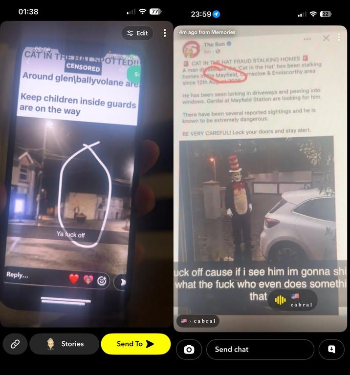 Images taken from Snapchat claiming that someone is stalking Ireland dressed as the Cat In the Hat.