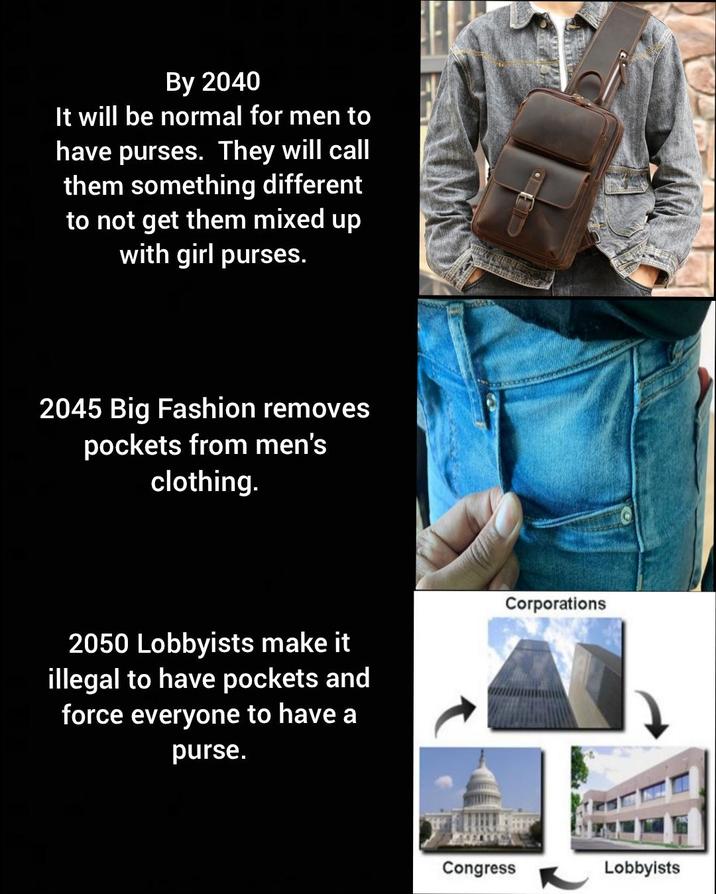 By 2040 It will be normal for men to have purses. They will call them something different to not get them mixed up with girl purses. 2045 Big Fashion removes pockets from men's clothing. 2050 Lobbyists make it illegal to have pockets and force everyone to have a purse. Corporations Congress Lobbyists