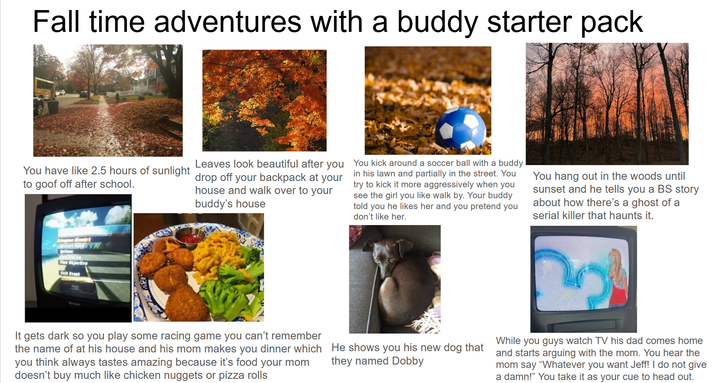 Fall time adventures with a buddy starter pack You have like 2.5 hours of sunlight to goof off after school. Leaves look beautiful after you drop off your backpack at your house and walk over to your buddy's house You kick around a soccer ball with a buddy in his lawn and partially in the street. You try to kick it more aggressively when you see the girl you like walk by. Your buddy told you he likes her and you pretend you don't like her. You hang out in the woods until sunset and he tells you a BS story about how there's a ghost of a serial killer that haunts it. tart Race R Options Flew Ruylag View thjective Exit Evant It gets dark so you play some racing game you can't remember the name of at his house and his mom makes you dinner which you think always tastes amazing because it's food your mom doesn't buy much like chicken nuggets or pizza rolls He shows you his new dog that they named Dobby While you guys watch TV his dad comes home and starts arguing with the mom. You hear the mom say "Whatever you want Jeff! I do not give a damn!" You take it as your cue to head out.