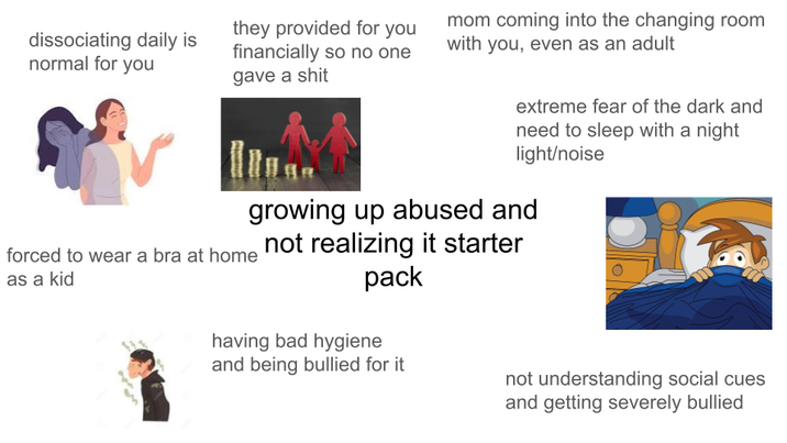 dissociating daily is normal for you they provided for you financially so no one gave a s--- mom coming into the changing room with you, even as an adult extreme fear of the dark and need to sleep with a night light/noise growing up abused and not realizing it starter pack having bad hygiene and being bullied for it not understanding social cues and getting severely bullied forced to wear a bra at home as a kid