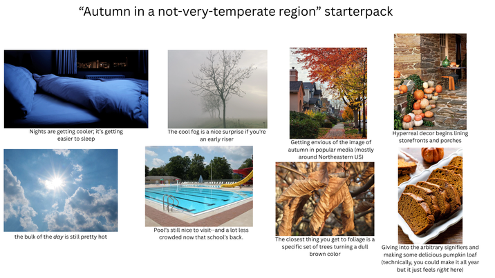 "Autumn in a not-very-temperate region" starterpack Nights are getting cooler; it's getting easier to sleep The cool fog is a nice surprise if you're an early riser the bulk of the day is still pretty hot Pool's still nice to visit--and a lot less crowded now that school's back. Getting envious of the image of autumn in popular media (mostly around Northeastern US) Hyperreal decor begins lining storefronts and porches The closest thing you get to foliage is a specific set of trees turning a dull brown color Giving into the arbitrary signifiers and making some delicious pumpkin loaf (technically, you could make it all year but it just feels right here)