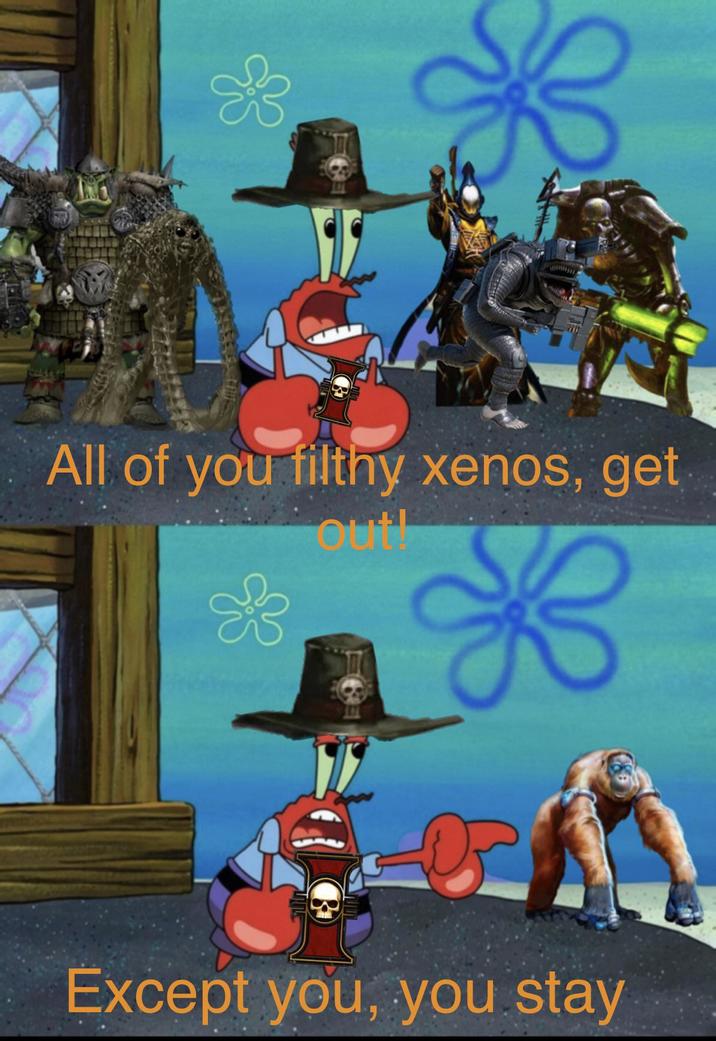 All of you filthy xenos, get out! D Except you, you stay