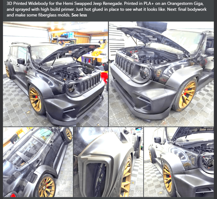 3D Printed Widebody for the Hemi Swapped Jeep Renegade. Printed in PLA+ on an Orangestorm Giga, and sprayed with high build primer. Just hot glued in place to see what it looks like. Next: final bodywork and make some fiberglass molds. See less