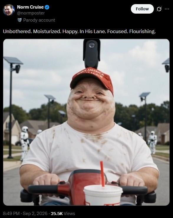Norm Cruise @normposter Parody account Follow ... Unbothered. Moisturized. Happy. In His Lane. Focused. Flourishing. 8:49 PM - Sep 2, 2026 25.5K Views UCA GAIN