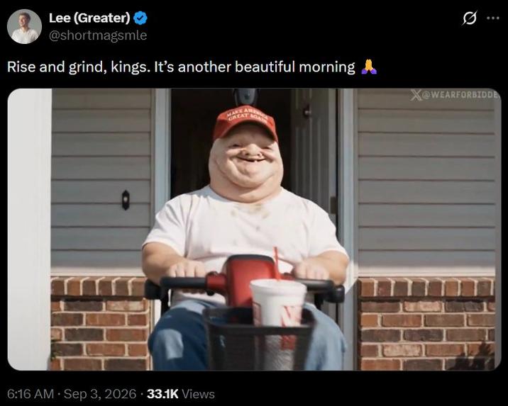 Lee (Greater) ❤ @shortmagsmle Rise and grind, kings. It's another beautiful morning 0 X@WEARFORBIDDE 6:16 AM · Sep 3, 2026 33.1K Views MAKE GREAT