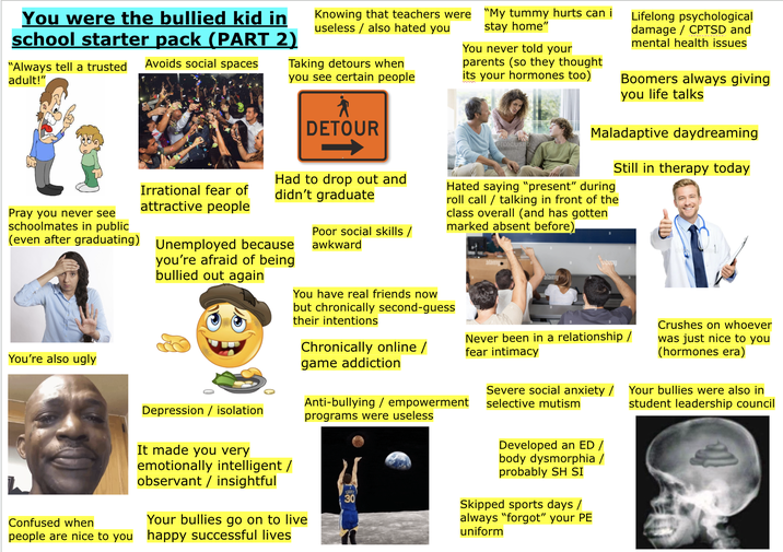 You were the bullied kid in school starter pack (PART 2) "Always tell a trusted adult!" Avoids social spaces Pray you never see schoolmates in public Irrational fear of attractive people Knowing that teachers were useless also hated you Taking detours when you see certain people DETOUR -> Had to drop out and didn't graduate (even after graduating) Unemployed because you're afraid of being bullied out again Poor social skills / awkward "My tummy hurts can i stay home" You never told your parents (so they thought its your hormones too) F(O)CUSED Lifelong psychological damage CPTSD and mental health issues Boomers always giving you life talks Maladaptive daydreaming Still in therapy today Hated saying "present" during roll call/talking in front of the class overall (and has gotten marked absent before) You have real friends now but chronically second-guess their intentions alamu alamy alamy You're also ugly Confused when Depression isolation It made you very emotionally intelligent / observant insightful Chronically online / game addiction Your bullies go on to live people are nice to you happy successful lives Anti-bullying / empowerment programs were useless 30 Never been in a relationship / fear intimacy Severe social anxiety / selective mutism Developed an ED / body dysmorphia / probably SH SI Skipped sports days / always "forgot" your PE uniform Crushes on whoever was just nice to you (hormones era) Your bullies were also in student leadership council