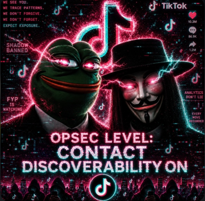 WE SEE YOU. WE TRACE PATTERNS. WE DON'T FORGIVE.. WE DON'T FORGET. EXPECT EXPOSURE. TikTok J 10.3M ... SHADOW BANNED FYP IS WATCHING 86.9K 1.2M ANALYTICS DON'T LIE OPSEC LEVEL: CONTACT DISCOVERABILITY ON ل EVERY MOVE RECORDED