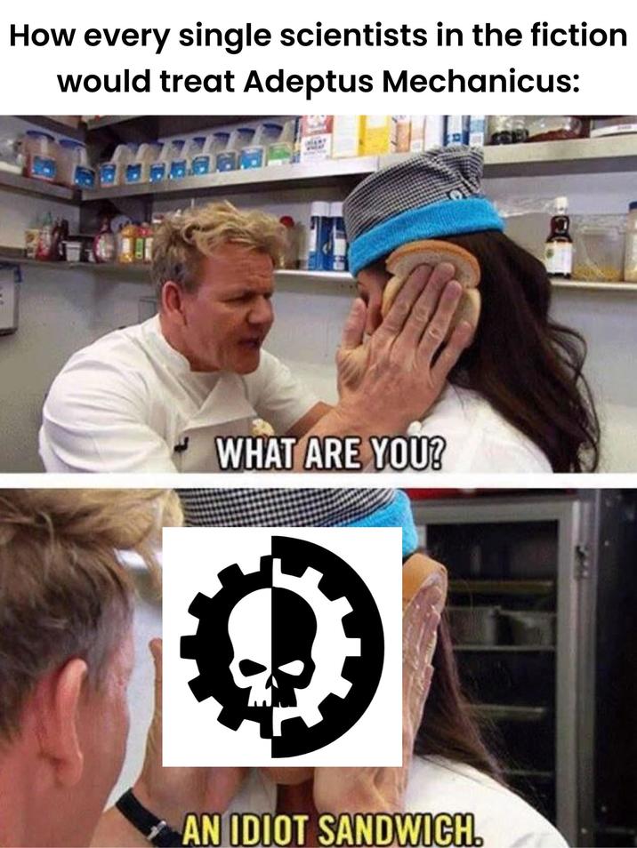 How every single scientists in the fiction would treat Adeptus Mechanicus: WHAT ARE YOU? AN IDIOT SANDWICH.