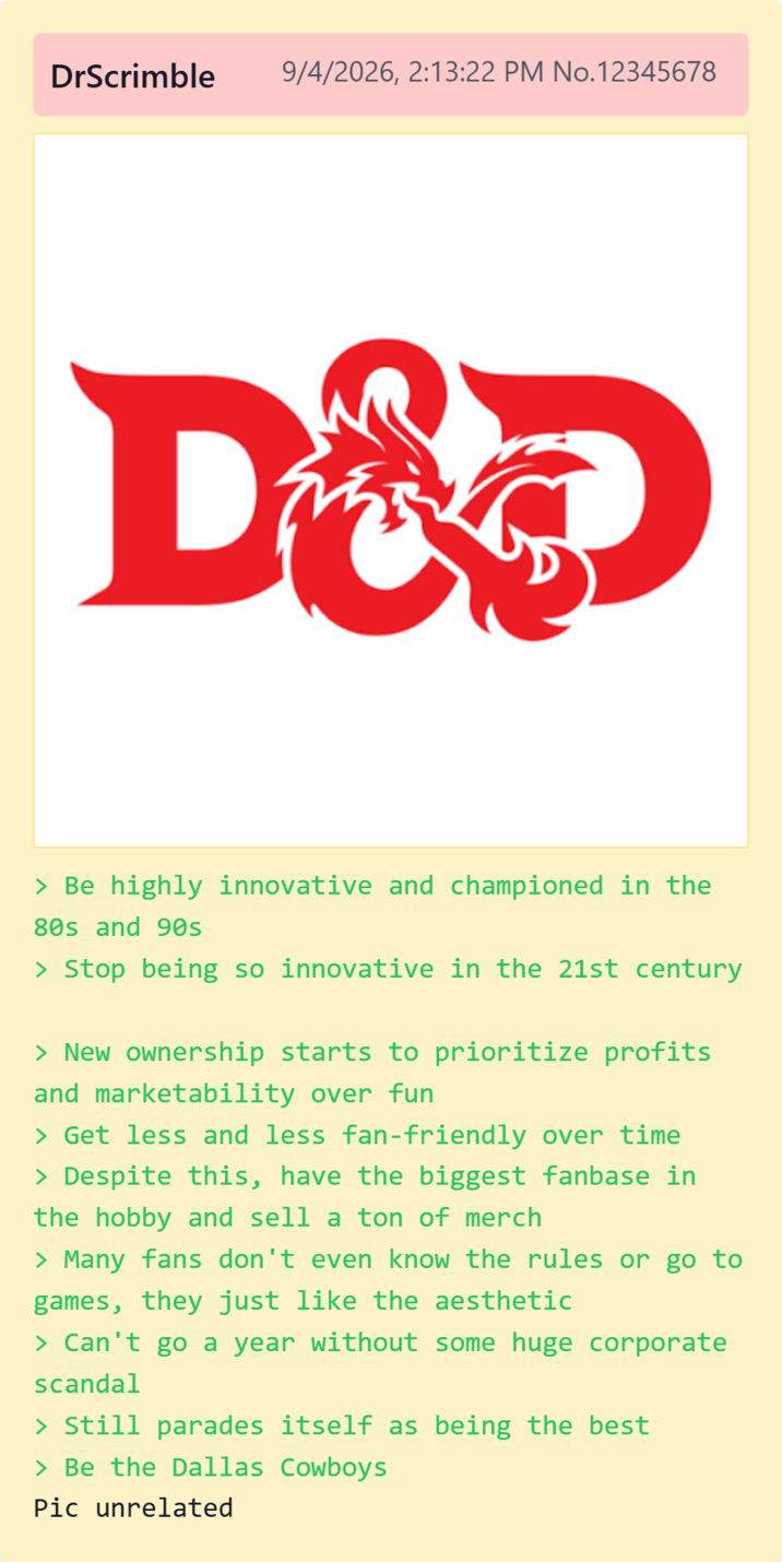 DrScrimble 9/4/2026, 2:13:22 PM No.12345678 Dovo > Be highly innovative and championed in the 80s and 90s > Stop being so innovative in the 21st century > New ownership starts to prioritize profits and marketability over fun > Get less and less fan-friendly over time > Despite this, have the biggest fanbase in the hobby and sell a ton of merch > Many fans don't even know the rules or go to games, they just like the aesthetic > Can't go a year without some huge corporate scandal > Still parades itself as being the best > Be the Dallas Cowboys Pic unrelated