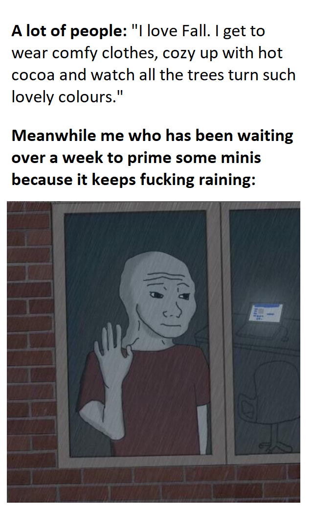 A lot of people: "I love Fall. I get to wear comfy clothes, cozy up with hot cocoa and watch all the trees turn such lovely colours." Meanwhile me who has been waiting over a week to prime some minis because it keeps f------ raining:
