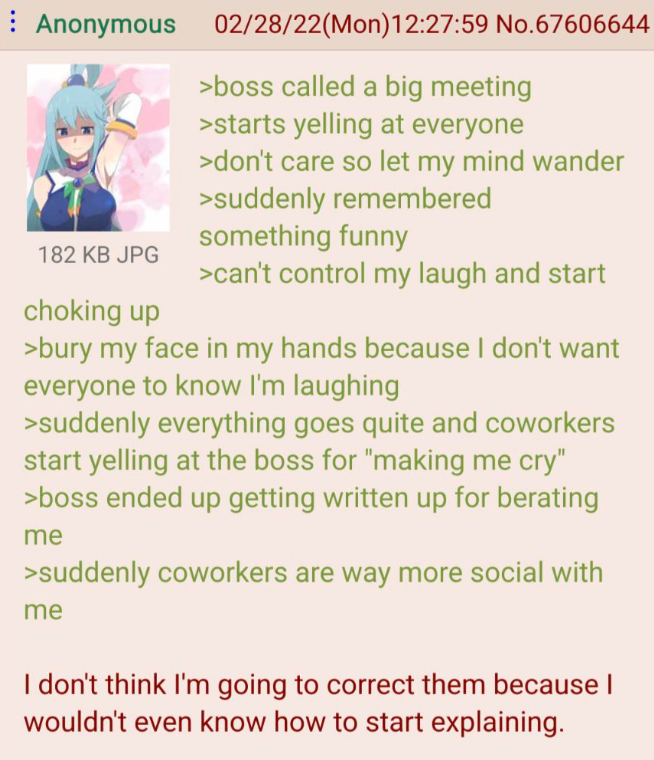 Anonymous 02/28/22(Mon)12:27:59 No.67606644 182 KB JPG choking up >boss called a big meeting >starts yelling at everyone >don't care so let my mind wander >suddenly remembered something funny >can't control my laugh and start >bury my face in my hands because I don't want everyone to know I'm laughing >suddenly everything goes quite and coworkers start yelling at the boss for "making me cry" >boss ended up getting written up for berating me >suddenly coworkers are way more social with me I don't think I'm going to correct them because I wouldn't even know how to start explaining.