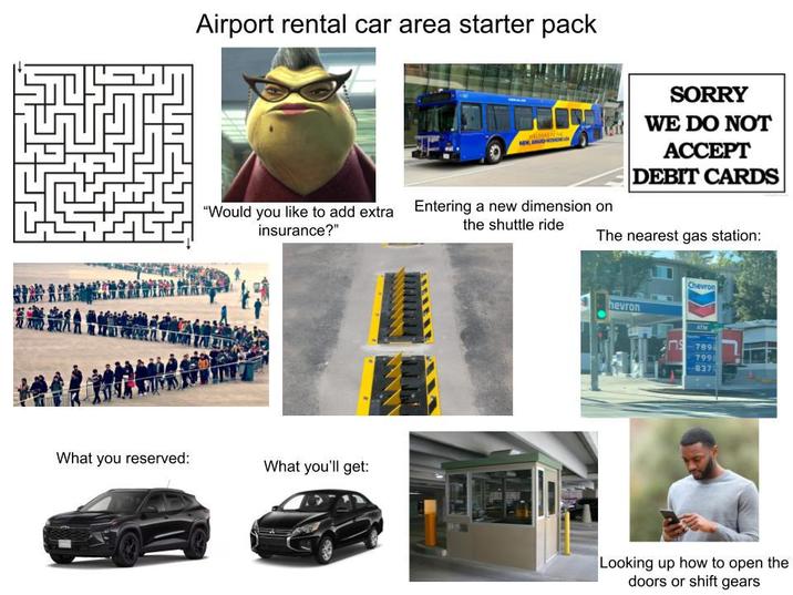 Airport rental car area starter pack NEW AND "Would you like to add extra Entering a new dimension on insurance?" the shuttle ride SORRY WE DO NOT ACCEPT DEBIT CARDS The nearest gas station: What you reserved: What you'll get: hevron Chevron ATM 7891 799 8372 Looking up how to open the doors or shift gears